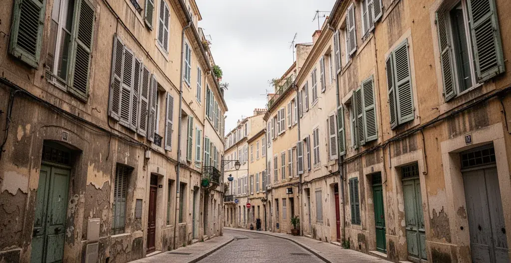 Rue typique du quartier du Panier à Marseille avec immeubles anciens