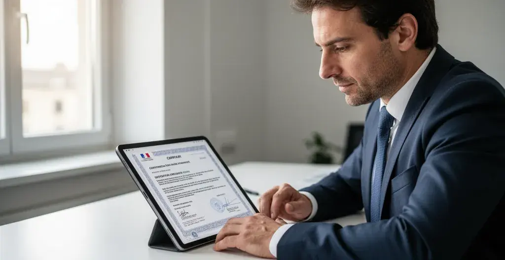 Professionnel vérifiant un certificat Certibiocide de dératisation