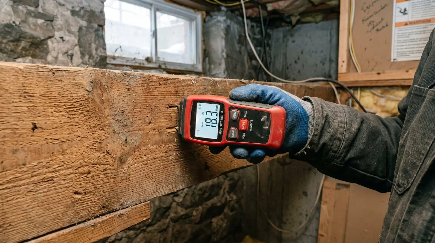 Hygromètre numérique mesurant le taux d'humidité d'une surface de bois dans un contexte d'inspection résidentielle