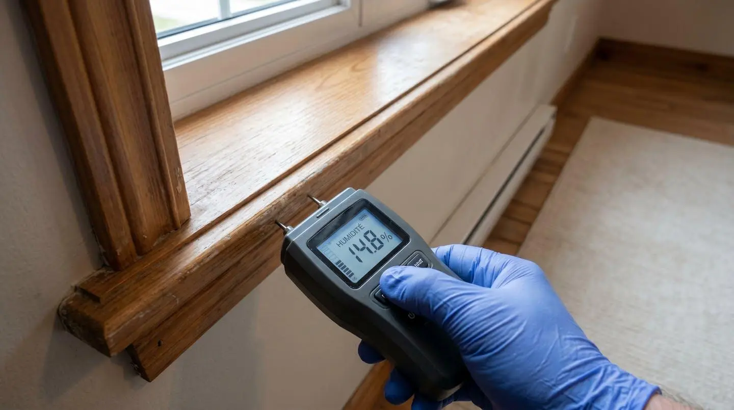 Hygromètre numérique mesurant le taux d'humidité d'une surface de bois dans un contexte d'inspection résidentielle