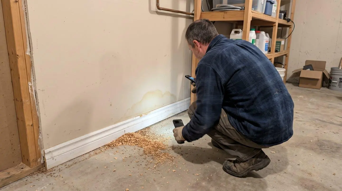 Vue de dos d'une personne inspectant un coin de sous-sol où des copeaux de bois sont accumulés près d'une trace d'humidité au mur