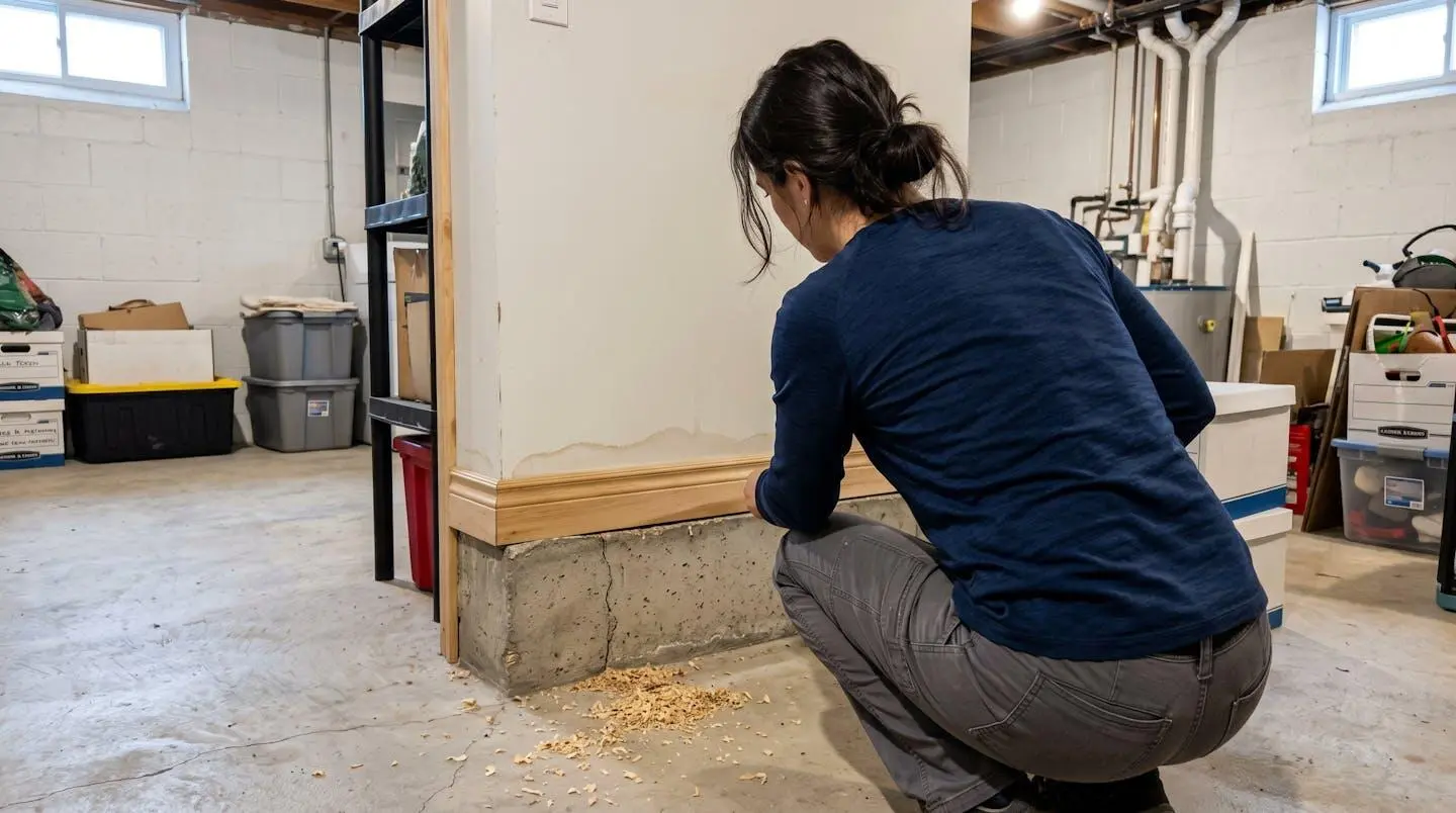 Vue de dos d'une personne inspectant un coin de sous-sol où des copeaux de bois sont accumulés près d'une trace d'humidité au mur