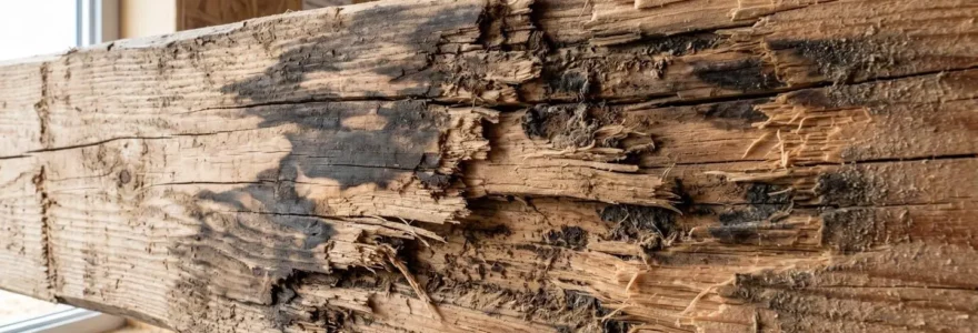Gros plan d'une poutre de bois montrant des fibres ramollies par l'humidité et des traces de décomposition