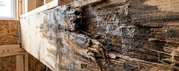Gros plan d'une poutre de bois montrant des fibres ramollies par l'humidité et des traces de décomposition