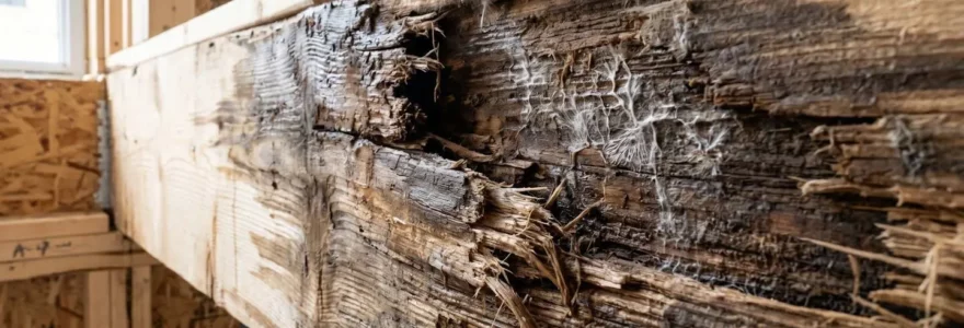 Gros plan d'une poutre de bois montrant des fibres ramollies par l'humidité et des traces de décomposition